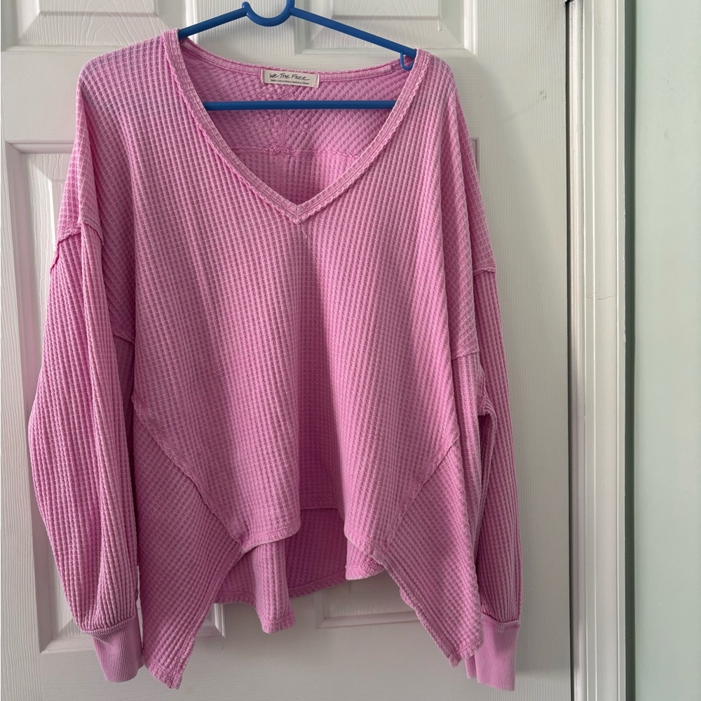 Free People Pink V-Neck Waffle Knit Top